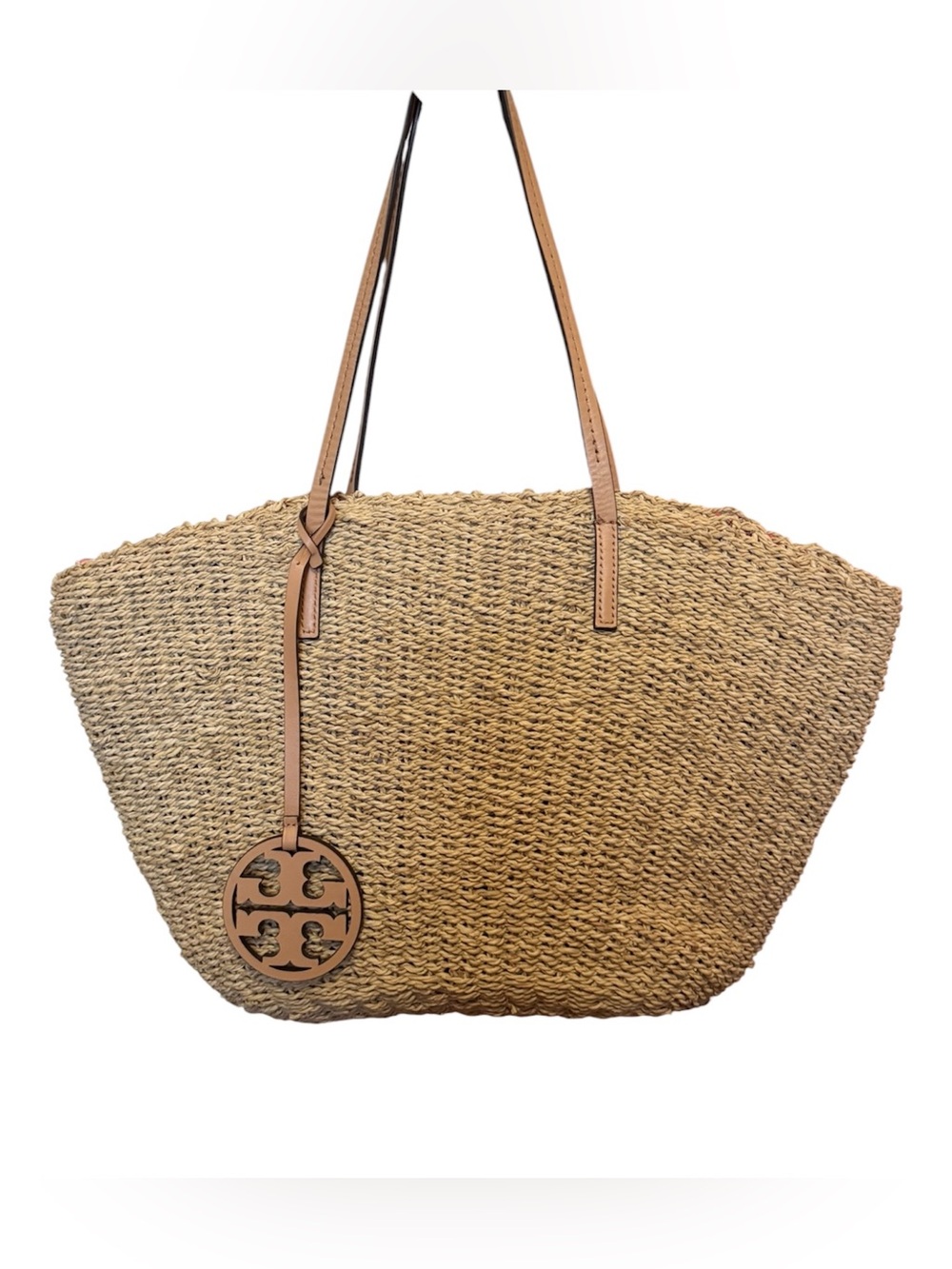 Tory Burch Natural Woven Raffia Straw Tote Drawstring Geometric Double T Logo